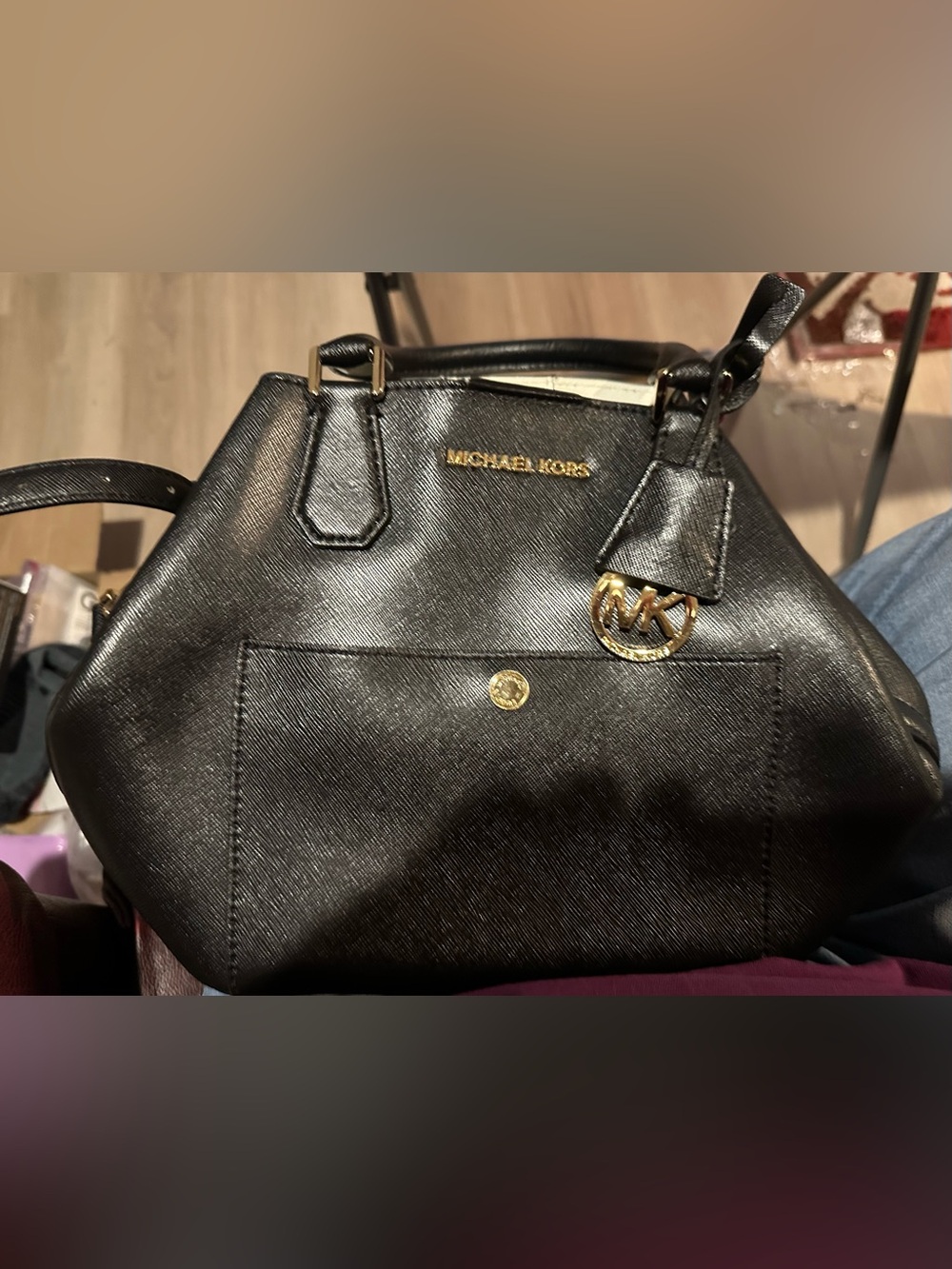 Michael Kors Black Saffiano Leather Dome Satchel with MK Charm